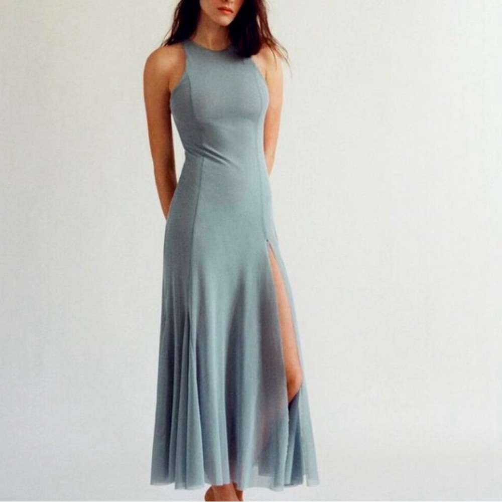 Zara Sage Green High-Neck Midi Dress with Side Slit